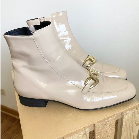 Free People Ankle Leather Flat Heel Booties Nude Boots Gold Chain Shoe Zipper - Picture 3 of 11